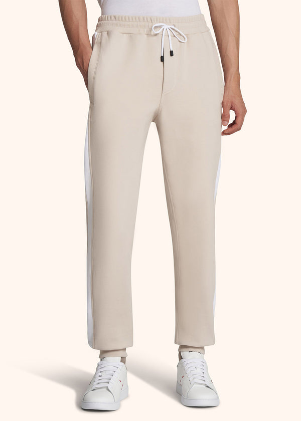 pantaloni Kiton uomo, in cotone nocciola/bianco 2